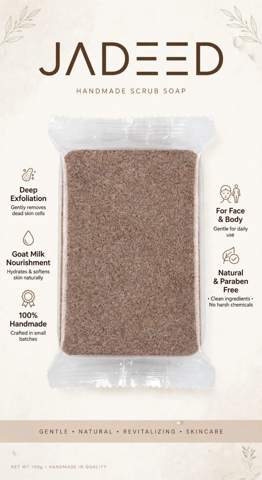 Pack of 3 | JADEED Handmade Walnut Scrub Soap - Goat Milk & Real Walnut | Deep Exfoliation & Tan Removal | Natural Paraben Free | For Face & Body - 100g